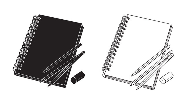 sketchpad with pencils and eraser in black and white featuring drawing, art, sketch