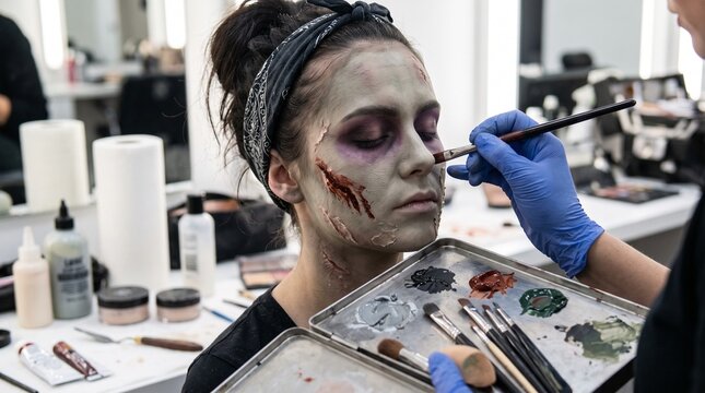 Creative zombie makeup application process in a professional setting