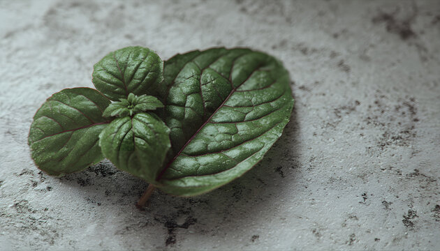 A basil plant leaf closeup, on a kitchen table made of concrete, macro shot in 4k 60p 10bit Apple ProRes422, with an external atomos recorder.