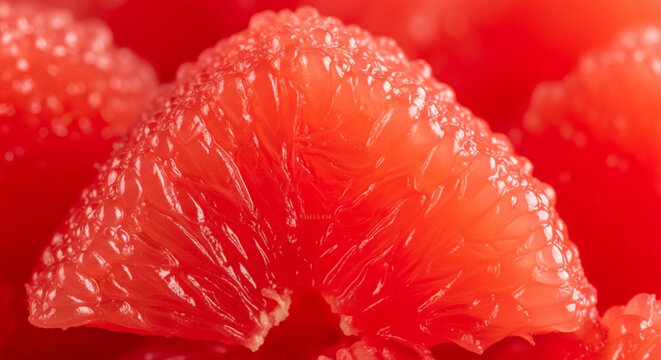Extreme Macro of Ruptured Ruby Red Grapefruit Juice Vesicles with Glistening Citrus Pulp