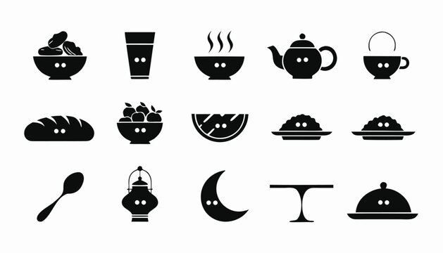 Ramadan food and drink icon set for iftar dinner celebration