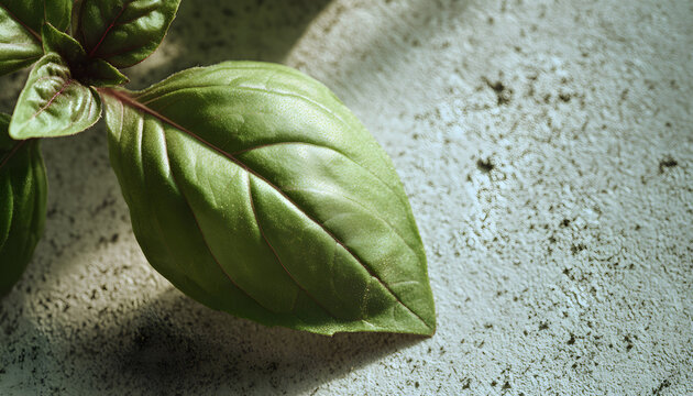 A basil plant leaf closeup, on a kitchen table made of concrete, macro shot in 4k 60p 10bit Apple ProRes422, with an external atomos recorder.