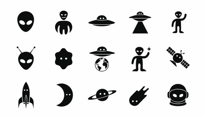 Set of 15 black alien and space related vector icons for futuristic and science fiction design © Sadhin07