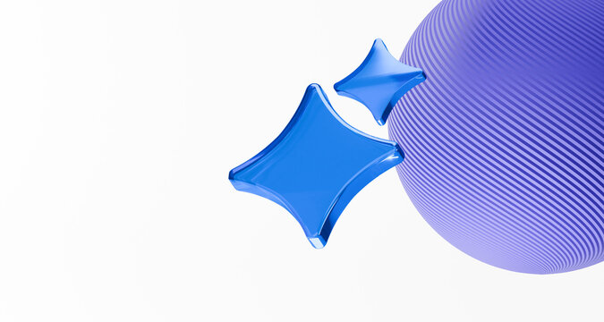 Creative abstract background with glossy inflatable stars and a striped purple sphere on a clean white space. Modern 3D illustration for advertising, packaging, social media and branding projects.