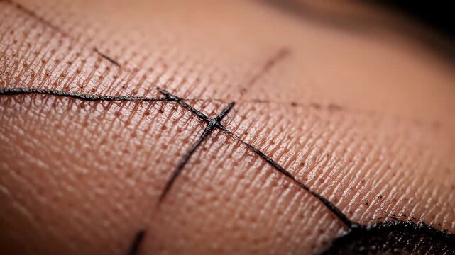 Macro view of human skin with black lines resembling stitches