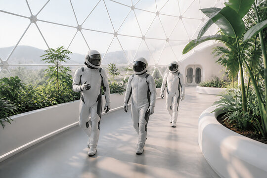 Three astronauts in white suits walk along a modern, bright walkway surrounded by lush greenery and a geodesic dome structure.