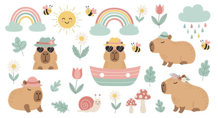 Fototapeta premium Cute capybara clipart set with rainbows and flowers.