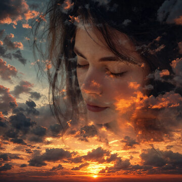 Artistic Double Exposure Portrait: Serene Woman with Closed Eyes Blended with Dramatic Sunset Clouds