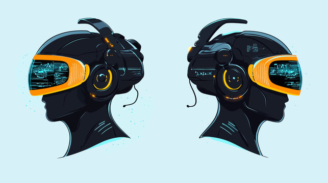 Two futuristic silhouettes with orange visor helmets facing opposite directions!
