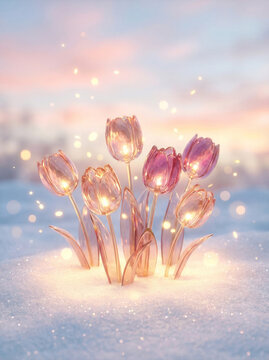 Magical glowing transparent crystal tulips gracefully blooming in cold winter snow under a soft pastel sunset sky. Beautiful ethereal sparkling floral concept with warm bokeh light.