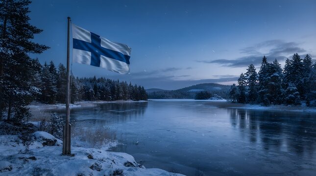 Finnish flag waving Nordic lake
