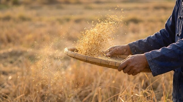 Farmer hands winnowing harvested rice grains using traditional bamboo tray at golden sunset paddy field