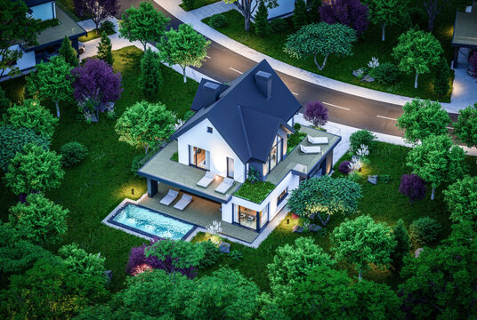 3d rendering of contemporary architectural luxury house exterior at night. Modern Scandinavian style family home, dramatic exterior lighting and garden landscaping at twilight