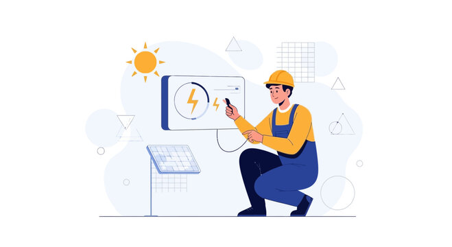 Electrician installing solar panel system, renewable energy concept, clean electricity, sun power technician at work, flat vector illustration