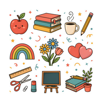 Creative stationery collection showcases books, a pencil, and a potted plant for educational visual layouts.