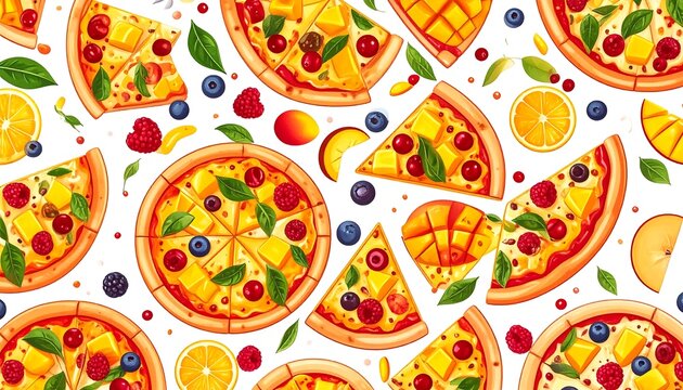 Colorful Pizza and Fresh Fruits Seamless Pattern.