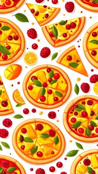 Colorful Pizza and Fresh Ingredients Pattern Design.