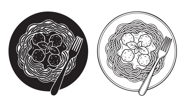 spaghetti with meatballs and fork in plate illustration featuring food, pasta, dinner