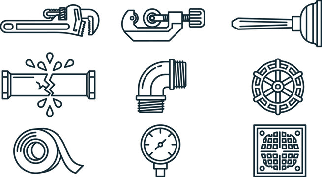 Plumbing repair tools and maintenance line icon set featuring pipe wrench cutter plunger broken leak elbow valve tape gauge drain