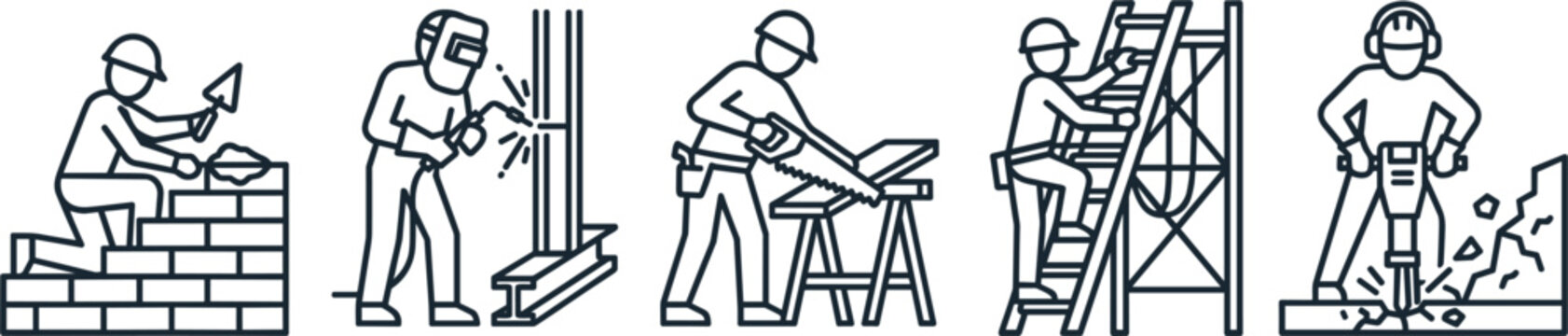 Vector linear industrial construction worker labor and trade line icon set featuring bricklayer welder carpenter scaffold installer and jackhammer operator elements