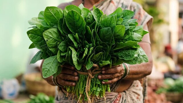 Bundle of fresh green spinach at farmers market in India showcasing vibrant healthy produce with natural leaves and lively rural market culture
