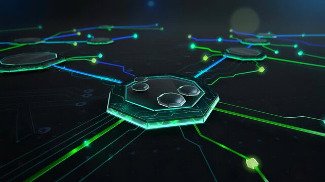 Futuristic digital network connections with glowing neon lines and hexagonal nodes on dark background technology concept