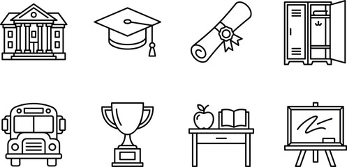 University graduation and campus life line icon set featuring school building cap diploma locker bus trophy desk blackboard © Khairul
