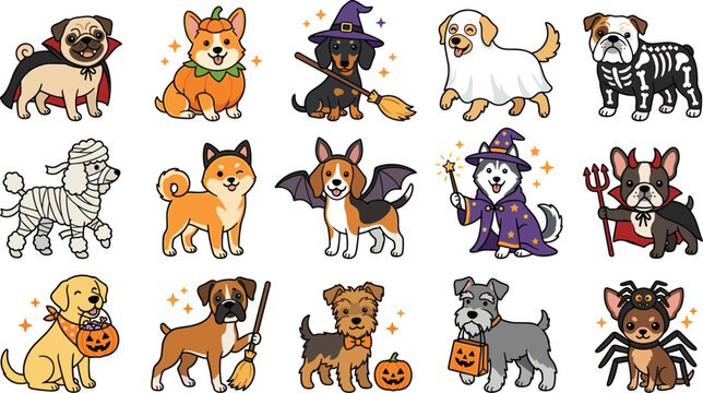 Cute dog breeds in spooky Halloween costumes vector sticker set