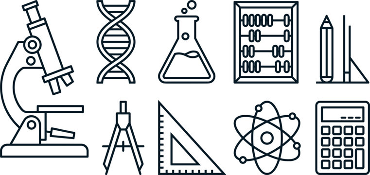 Science STEM and mathematics line icon set featuring microscope dna helix flask abacus geometric tools atom and calculator
