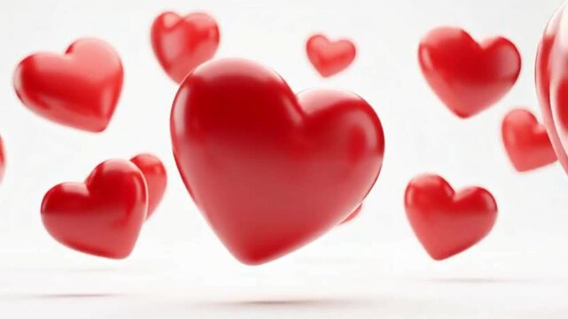 Multiple vibrant red 3D hearts floating and scattered against a soft white background, symbolizing love and romance.