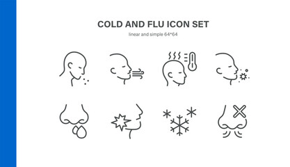 Fototapeta premium Simple Set of Cold and Flu Related Vector Line Icons. Contains such Icons as Cough, Fever, Runny Nose, Sore Throat, Chills and more. Editable Stroke. Pixel Perfect Vector. 