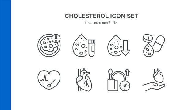 Simple Set of Cholesterol Related Vector Line Icons. Contains such Icons as Blood Test, Artery Plaque, Cholesterol Medication, Heart Health, Blood Pressure and more. Editable Stroke. Pixel Perfect Vec