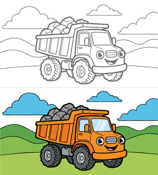 Cute Cartoon Dump Truck Construction Vehicle Coloring Page for Kids