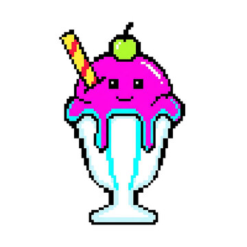 Cute Pixel Art Pink Ice Cream Sundae with Cherry and Wafer Stick in a Glass Bowl