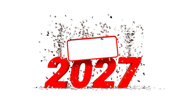 2027 New Year greeting card template with red 3D numbers empty blank sign board and exploding silver confetti isolated on white background - 3D rendering