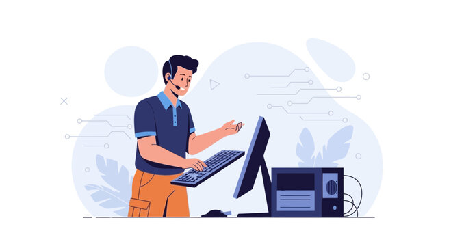 Tech Support Operator with Headset and Computer, Modern Flat Illustration Style