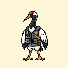 Obraz premium Cartoon crane bird wearing tactical vest