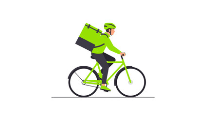 Fototapeta premium Bicycle Courier Riding Green Bike with Large Delivery Backpack Vector Illustration. Professional Food Delivery Service Concept for Fast Shipping and Logistics.