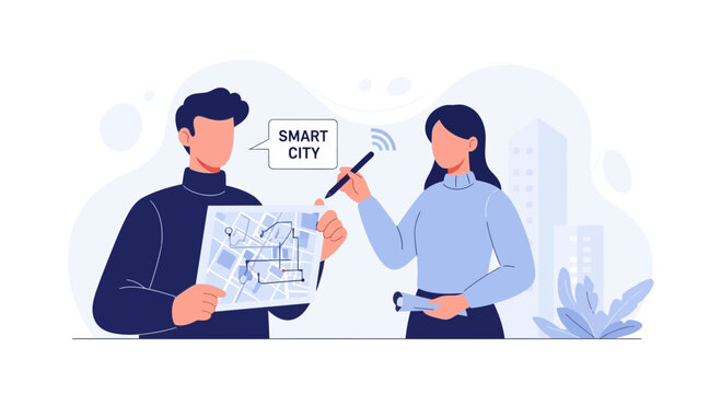 Two people collaborating on smart city planning with digital map and stylus
