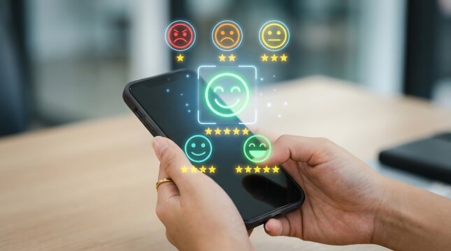 Customer experience feedback concept with user giving five star rating on smartphone