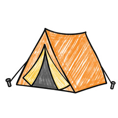 A simple child's drawing of an orange camping tent with an open entrance on a transparent background