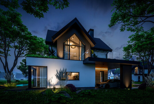 3d rendering of contemporary architectural luxury house exterior at night. Modern Scandinavian style family home, dramatic exterior lighting and garden landscaping at twilight