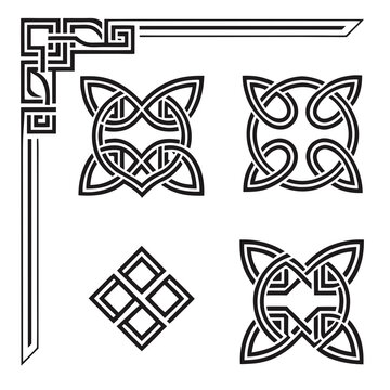 Collection of black and white celtic knot designs, featuring a decorative corner border and various square and heart-shaped knot patterns, for graphic resource.