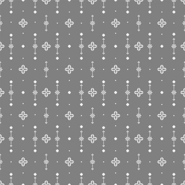 Seamless white pixel folk floral pattern on a grey background featuring traditional geometric motifs. Ideal for fabric, wallpaper, wrapping paper, stationery, and surface design.