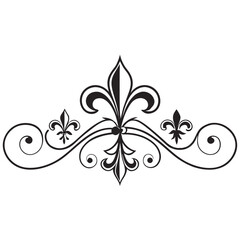Triple fleur de lis composition with artistic swirls and decorative scrollwork for vintage emblem designs royal heraldic elements for luxury borders and sophisticated graphic design projects. © mil