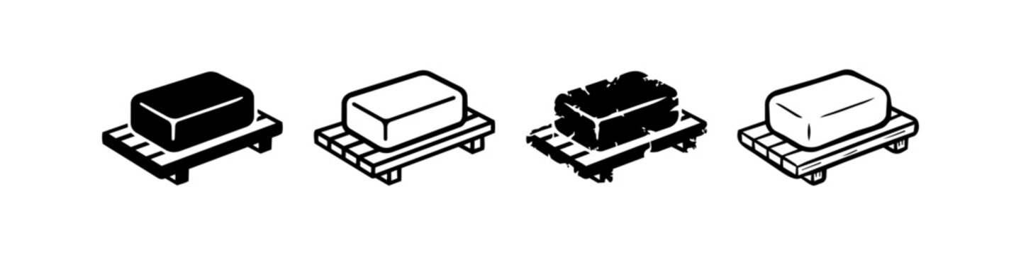 Set of Bar Soap on Wooden Dish Icons in Various Graphic Styles: Silhouette, Line Art, Distressed, and Hand-Drawn Sketch for Bathroom, Spa, and Hygiene Design