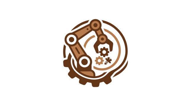 A stylized graphic icon depicting a robotic arm working with mechanical gears