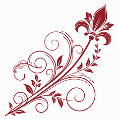 Stylized fleur de lis floral flourish with dynamic diagonal composition and sweeping botanical scrolls for premium branding and wedding invitation stationery design in sophisticated deep red. © mil