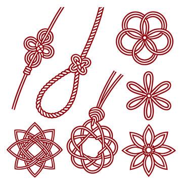 Japanese traditional mizuhiki cord knots and floral shapes set for celebratory gift wrapping and cultural decoration red line art knot ornaments vector illustration isolated on white background.