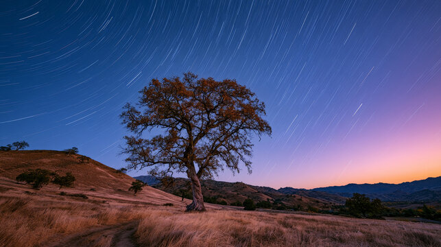 star trails in a countryside landscape